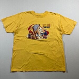 VTG AIR WAVES Cat Beach T-Shirt L SUN SEEKER Graphic Summer Yellow Cute Nature